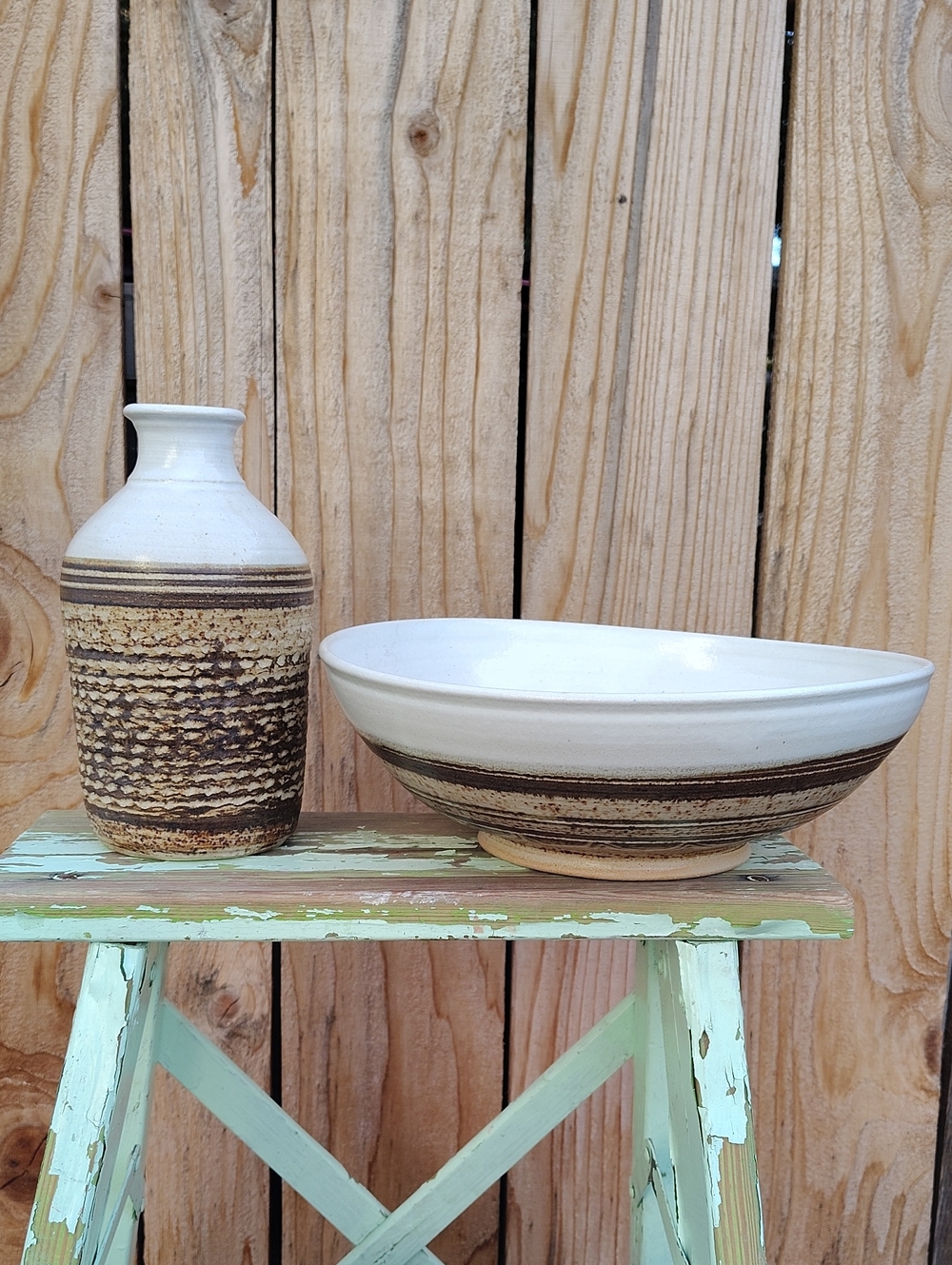 Handmade Ceramic Vase and Bowl Set in Cream and Brown by